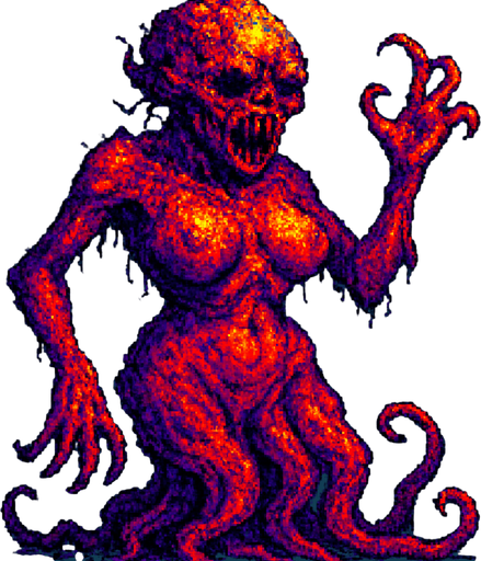 pixelated style terrifing uncanny very hot psychedelic horror space monster creep character. theirs body looks very disgusting and super sexy.  In-game asset. Full picture of character.
In-Game asset.  2d
