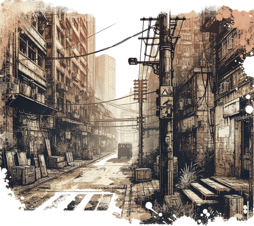background of an abandoned street.
Single Game Texture. In-Game asset. 2d. Blank background. High contrast. No shadows.