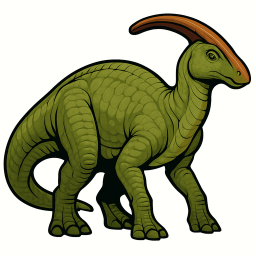 A large Parasaurolophus dinosaur with smooth, greenish-brown scaly skin. It has a long, curved cranial crest extending from the back of its head. The body is bulky with thick legs and a long tail. The skin shows detailed scales with subtle shading and wrinkles. The head has gentle eyes and a broad snout..
In-Game asset.  2d.  High contrast.  No shadows