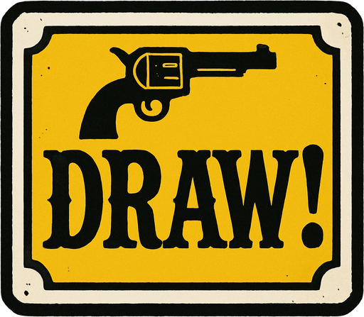 a western themed alert box that says DRAW! on it.
In-Game asset.  High contrast.  No shadows