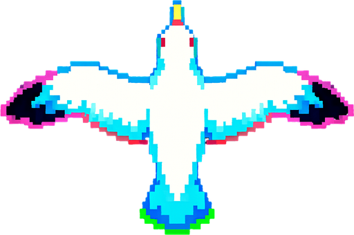 A seagull with wings spread straight out as if soaring. Top down view, looking down from above. 80s arcade machine graphics.
In-Game asset.  2d.  High contrast.  No shadows