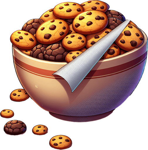 a bowl of cookies.
Single Game Texture. In-Game asset. 2d. Blank background. High contrast. No shadows.