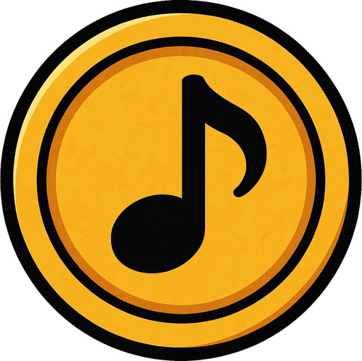 Yuvarlak altın para ortasında 🎶 müzik notası.
In-Game asset.  2d.  High contrast.  No shadows