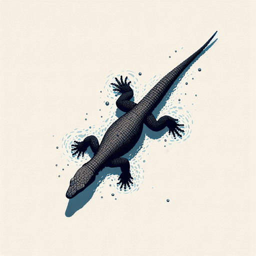 Goanna swimming top down view.
Single Game Texture.  In-Game asset.  2d.  Blank background.  High contrast.  No shadows
