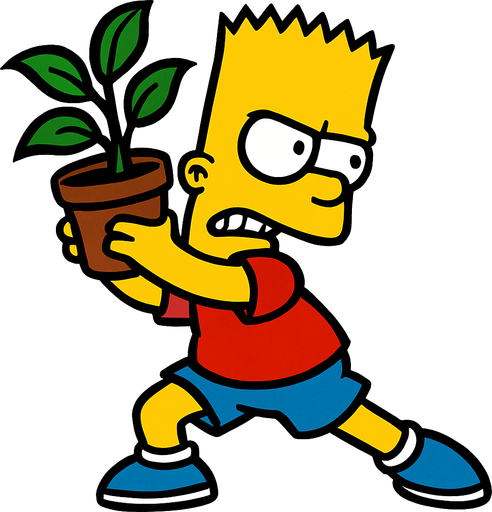 Bart holding a pot with a plant and is about to throw it.
In-Game asset.  2d.  High contrast.  No shadows