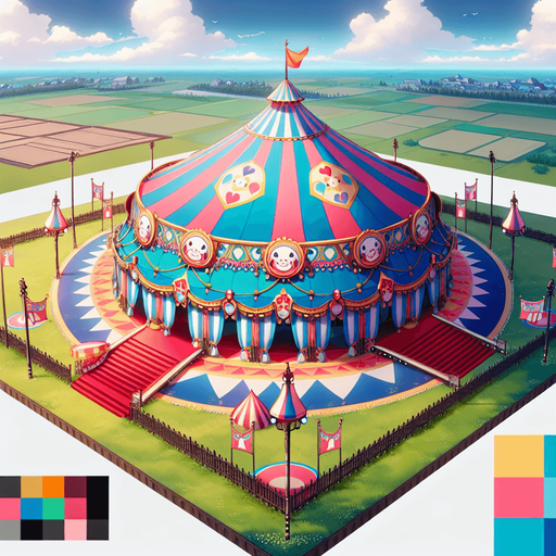 anime circus tent field.
Single Game Texture.  In-Game asset.  2d.  Blank background.  High contrast.  No shadows