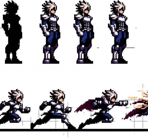 pixelate game hero character, in idle animations, jumping animations, and running animations.
Single Game Texture. In-Game asset. 2d. Blank background. High contrast. No shadows.