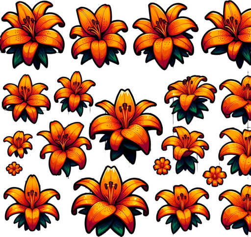 A sprite sheet of different orange tiger lily seen from above. Cartoon. All similar size. Just the blossom. Bold colors and shading. 
Single Game Texture. In-Game asset. 2d. Blank background. High contrast. No shadows.