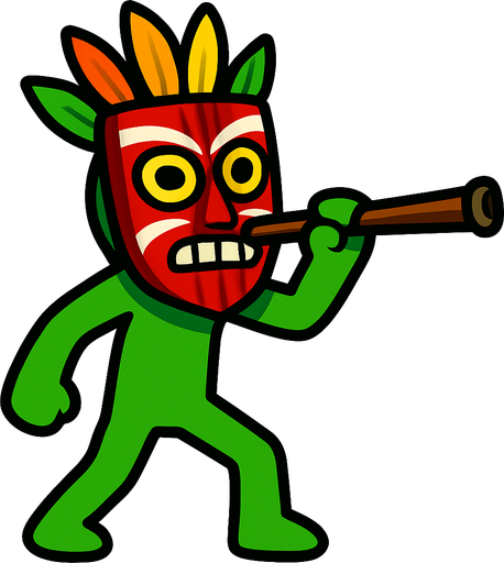 Green stickman with a tribal mask and a stick to shoot darts.
In-Game asset.  2d.  High contrast.  No shadows