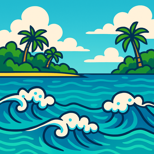 The tropical ocean with the shore of an island in the far background easily looping itself.
In-Game asset.  2d.  High contrast.  No shadows