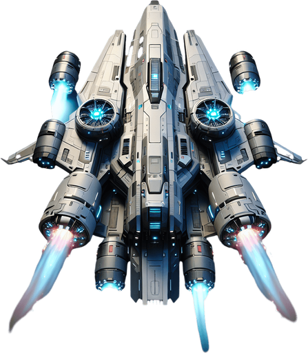 A 2D top-down view of a futuristic player spaceship with a streamlined silver and blue body, glowing thrusters, and dual laser cannons. The design is sleek and modern for a space shooter game.
Single Game Texture.  2d.  Blank background.  High contrast.  No shadows