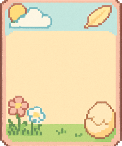 A decorative pixel art character card frame for a 2D retro-style game, themed around a cute bird world. The card is rectangular with rounded corners and has a pastel-colored background. Each corner includes soft, themed details:

A cloud and sun in the top-left,

A feather or flying bird in the top-right,

Grass or flowers in the bottom-left,

A cracked egg in the bottom-right.

The center area is left empty for a character sprite to be added later. The overall design is cozy, cute, colorful, and flat—fitting the aesthetic of a peaceful, playful bird-themed game world.

Style tags:
pixel art, retro, bird theme, character card, cozy, pastel colors, cloud, feather, egg, grass, flowers, soft design, minimal, 2D UI, flat, cute.
In-Game asset.  2d.  High contrast.  No shadows. pixel art. retro. bird theme. character card. cozy. pastel colors. cloud. feather. egg. grass. flowers. soft design. minimal. 2d ui. flat. cute