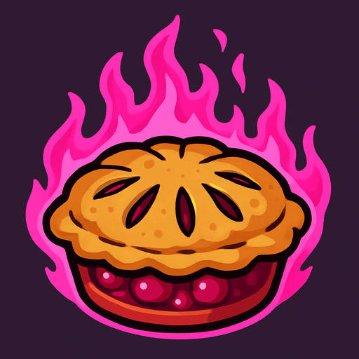Cherry pie with pink fire aura.
In-Game asset.  2d.  High contrast.  No shadows