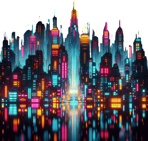 2d front view of a neon city  in the art style of a neon cyberpunk world.
Single Game Texture. In-Game asset. 2d. Blank background. High contrast. No shadows.