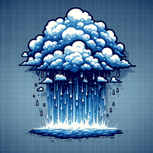 A heavy downpour from a raincloud . Game art illustration style in blue and white colors..
Single Game Texture. In-Game asset. 2d. Blank background. High contrast. No shadows.