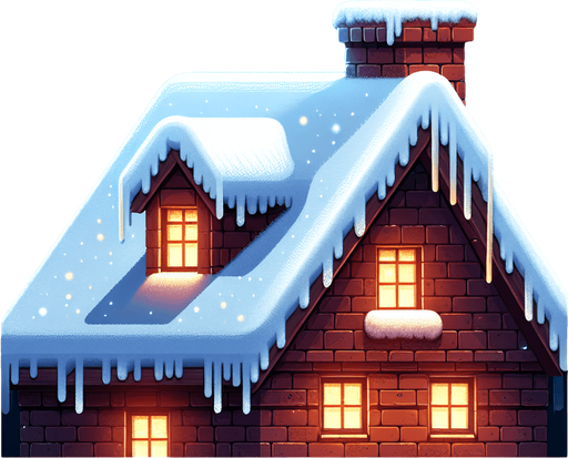 close up of a Snow covered roof, Winter scene, star lit night sky, brick chimbly on right hand side, Single Game Texture. In-Game asset. 2d. Blank background. High contrast. No shadows.