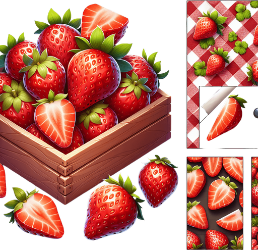 Lush, mature strawberries, cleaned and slices and ready for use in bakery or for decoration..
Single Game Texture. In-Game asset. 2d. Blank background. High contrast. No shadows.