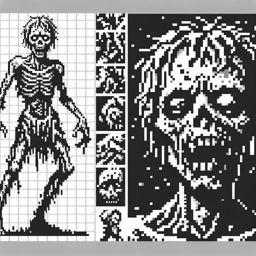 Make an 8-bit zombie.
Single Game Texture.  In-Game asset.  2d.  Blank background.  High contrast.  No shadows