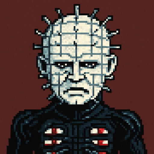 pinhead hellraiser pixel art.
In-Game asset.  2d.  High contrast.  No shadows