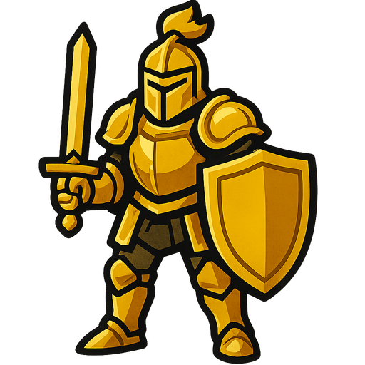 A knight with golden armour, golden shield and golden sword.
In-Game asset.  2d.  High contrast.  No shadows