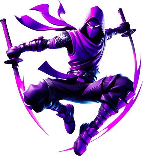 purple ninja with two blade jump style act for battle.
Single Game Texture.  In-Game asset.  2d.  Blank background.  High contrast.  No shadows