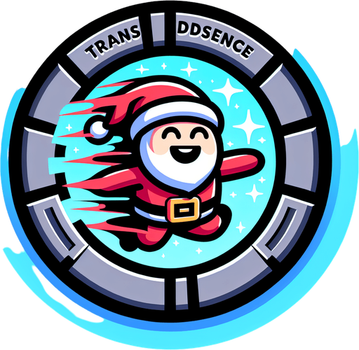 Icon for santa moving through walls, on a circle, with the text „transcendence“ at top, cartoon Single Game Texture. In-Game asset. 2d. Blank background. High contrast. No shadows.