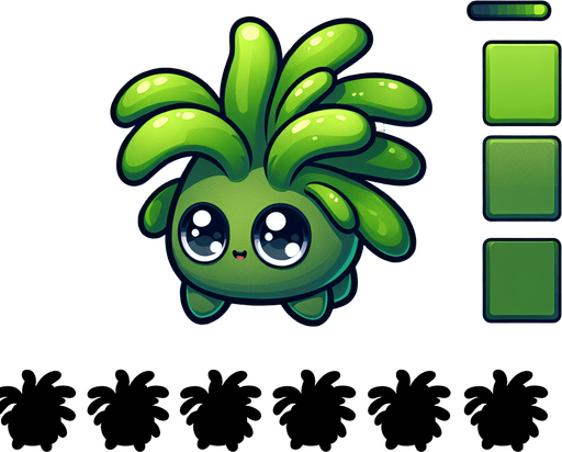 Seeweed with eyes.
Single Game Texture.  In-Game asset.  2d.  Blank background.  High contrast.  No shadows