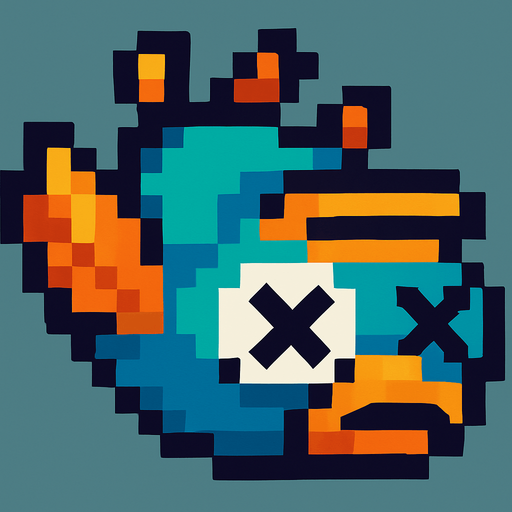 A pixel art version of the same bird character shown in a defeated state, designed for a 2D side-scrolling game. The bird appears to be falling downward or lying upside down, with closed or X-shaped eyes and limp wings. Its beak might be slightly open, and its posture should suggest that it is unconscious or dead. The overall style should remain cute and cartoonish, fitting the retro pixel art theme, but clearly indicate that the bird is no longer alive.