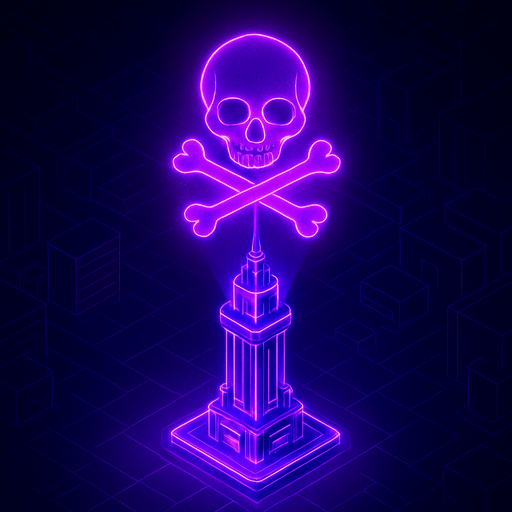 Top down isometric neon cyberpunk anime tower spire 3d hologram glowing purple hd large poison symbol projected overhead