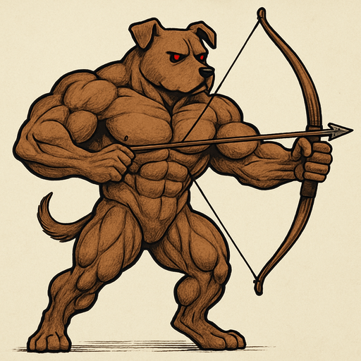 A brown dog that’s really really buff. Full body. Give the dog A bow and arrow. Red eyes.
2D.