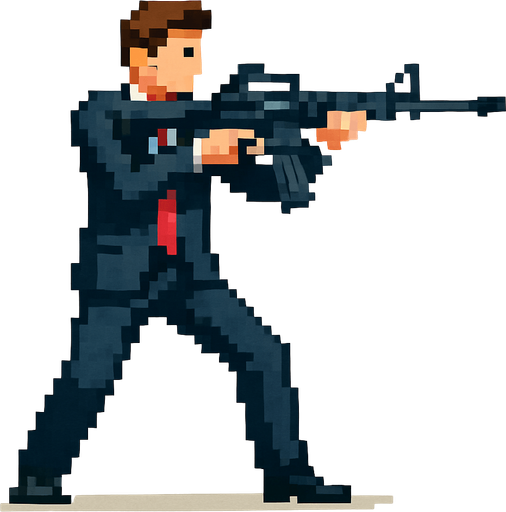 un hombre de traje hecho con pixeles de cuerpo completo apuntando con un  rifle de asalto m4