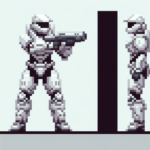 pixel art image of a stormtrooper from the Star Wars universe. The stormtrooper should be standing in a defensive pose, with their blaster raised.
Single Game Texture. In-Game asset. 2d. Blank background. High contrast. No shadows.