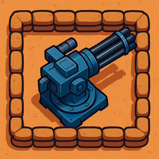 Top view of an blue defense Military tower large Minigun Machinegun in the desert, the image has a square border outlined by military defense Brown sandbags.
In-Game asset.  2d.  High contrast.  No shadows