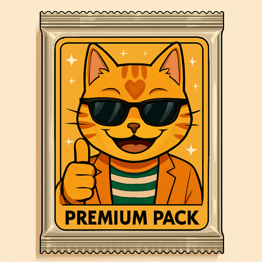 The orange cat from this picture looking straight forwards and smiling, holding out a thumbs up and looking over a pair of sunglasses on the front of a booster pack of collectible cards in plastic and seen from the front. The words “Premium Pack” on the pack underneath the picture. The plastic on the pack has stars on it.