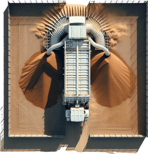 Zenith view of a white rectangular Harvester shape of a garbage truck with a triangular head. Harvesting on sand, with flowing spice in the back. inside a square fence.
Zenith view. Directly overhead. Plumb view.