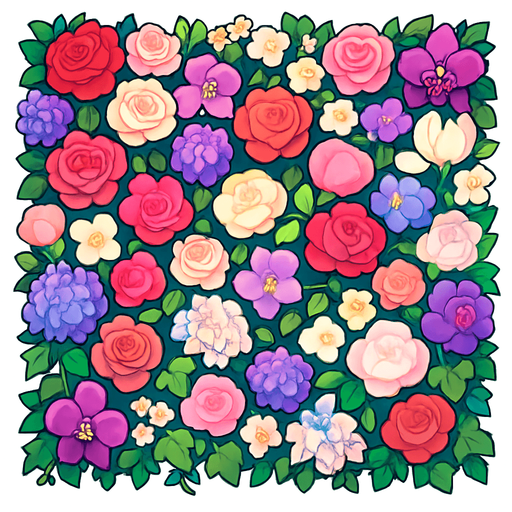 A beautiful flower wall made of a lush mix of vibrant, colorful flowers like roses, peonies, hydrangeas, and orchids. The wall is densely packed with blossoms in shades of pink, red, white, purple, and pastel tones. Greenery like ivy and leaves peek through the blooms, adding depth and contrast. The arrangement is elegant and symmetrical, ideal as a photo backdrop for events like weddings or parties. High-resolution, soft lighting, and dreamy atmosphere..
In-Game asset.  2d.  High contrast.  No shadows. cartoon style