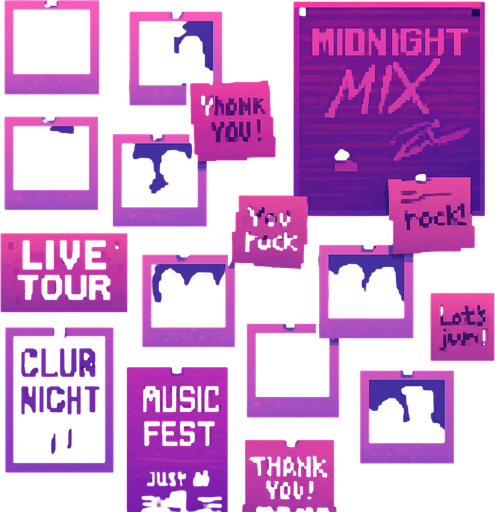 A 2048x2732 vertical pixel art background for a credits screen in a rhythm-based pixel art game. The scene shows a cozy wall in the same neon-lit DJ studio, filled with pinned polaroid photos, signed posters, music flyers, sticky notes, and handwritten thank-you notes. Soft glowing fairy lights hang above. The lighting is soft pink, violet and blue, with a nostalgic, emotional, and heartfelt vibe. No characters or UI — just a decorative wall filled with creative memories and gratitude..
In-Game asset.  2d.  High contrast.  No shadows