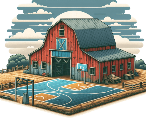 basketball barn background.
Single Game Texture. In-Game asset. 2d. Blank background. High contrast. No shadows.