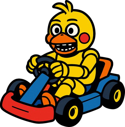Un pollo amarillo animatronico en un kart.
In-Game asset.  2d.  High contrast.  No shadows