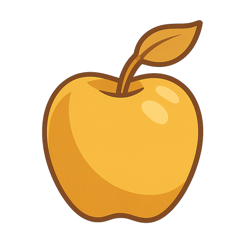 Golden apple. No background. Transparent background. Blank background. No shadows. 2d. In-Game asset. flat