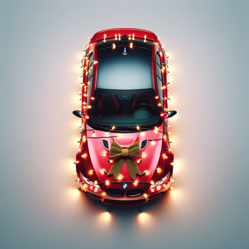 Photorealistic red BMW M3 Wrapped with Christmas lights that light up in various colors, little golden bow on hood, top view