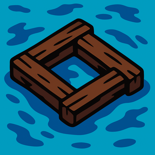 2D game asset, vector style, high contrast, flat colors, no shadows, a small cluster of three connected, dark brown wooden beams forming a rough, square shape, floating in the water as a solid obstacle, suitable for a top-down game, transparent background, PNG format..
In-Game asset.  2d.  High contrast.  No shadows