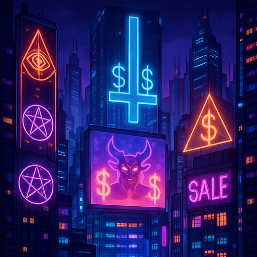 cyberpunk neon anime metropolis skyline corporate holograms billboards, occult-capitalism-consumerism imagery nighttime futuristic architecture glow