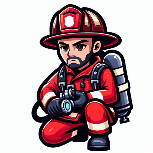 A cartoon firefighter.
Single Game Texture.  In-Game asset.  2d.  High contrast.  No shadows