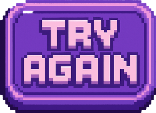 Pixel art “Try Again” button, retro arcade style, purple tones, soft shadows, chunky text, fits rhythm game UI..
In-Game asset.  2d.  High contrast.  No shadows