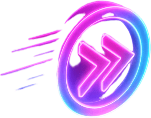 Top down isometric neon cyberpunk futuristic fast forward 3D speed, agility, rapidness symbol glowing hologram vaporwave