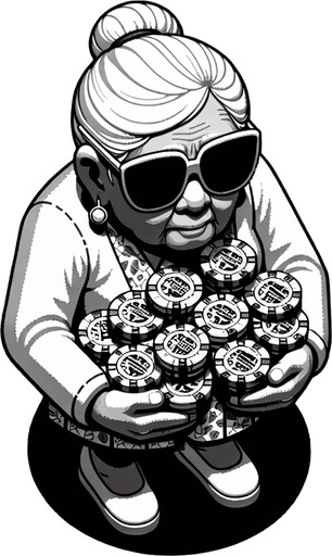 Top down image of an old lady carrying poker tokens wearing sunglasses. Single Game Texture. In-Game asset. 2d. Blank background. High contrast. No shadows.