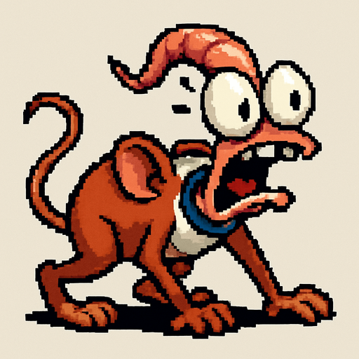 Raton tipo pixel art earthworm jim, la personalidad del ratón debe ser frenética asustadizo como la de ten de ten y stimpy, debe estar en cuatro patas.
In-Game asset.  2d.  High contrast.  No shadows