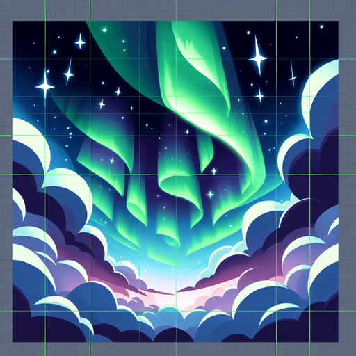 Starry night sky, northern lights, looking up. Cartoon style. Above clouds
Single Game Texture. In-Game asset. 2d. Blank background. High contrast. No shadows.
