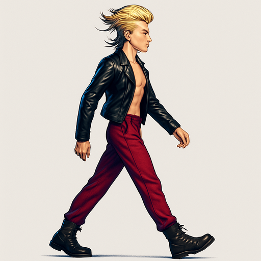 Walking Front arm in front of body, front leg extended behind, back leg in front, limbs positions swapped, Swishy graceful man Cyberpunk manga, side profile view walking animation, shiny black leather biker jacket longsleeves shirtless Skinny abs blonde pompadour guy, wine red joggers combat boots, Background removed, "Full-body character, entirely in frame, no cropping of face, head, or feet" "Complete character visible, from head to toe, fully centered in the image" "Entire character, including face and boots, fully within the frame" Character fully contained within a square frame, no edges cut off fashion model idle pose